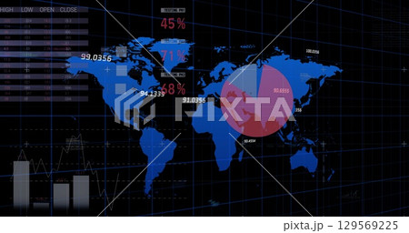 Image of financial data processing over globe and red world map 129569225