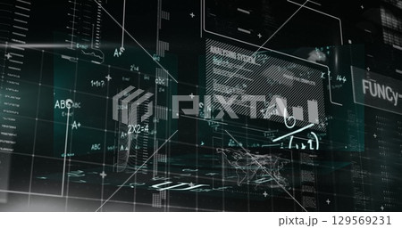 Image of graphs, data and math formulas on black digital screen 129569231