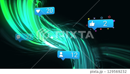 Image of social media reactions over green lines on black background 129569232