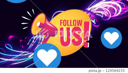 Image of social media reactions and follow us with pink waves on black background 129569235