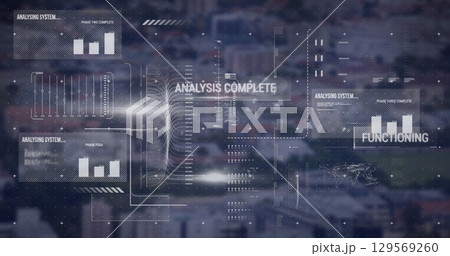 Image of graphical infographic interface screen with analysis, scanning and functioning text 129569260