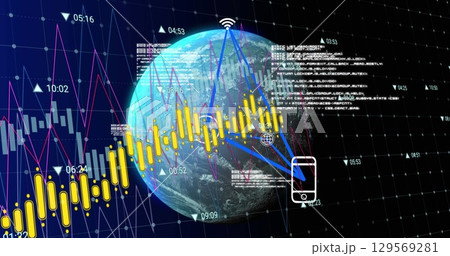 Image of data processing with icons over globe on black background Image of data processing with icons over globe on black background 129569281