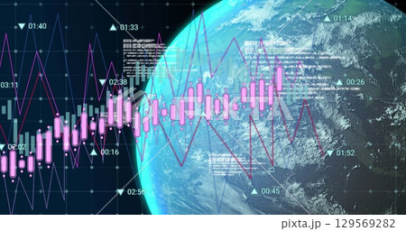 Image of data processing over globe on black background Image of data processing over globe on black background 129569282