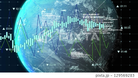 Image of data processing over globe on black background Image of data processing over globe on black background 129569283