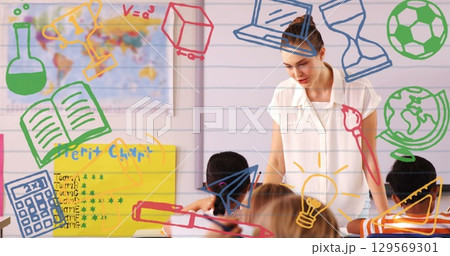 Image of education and school icons over diverse schoolchildren and caucasian female teacher 129569301