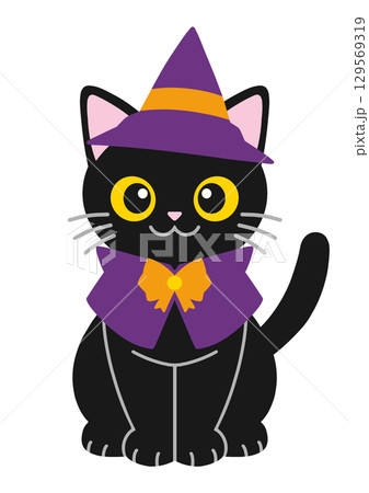 魔女の帽子をかぶった黒猫のデフォルメイラスト(ハロウィン・かわいい) 129569319