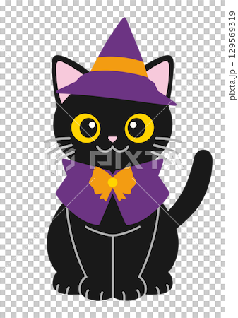 魔女の帽子をかぶった黒猫のデフォルメイラスト(ハロウィン・かわいい) 129569319