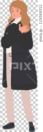 shivering woman wearing long coat and warm sweater. freezing temperature 129569352