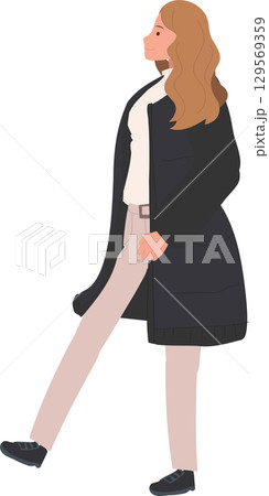 fashionable woman walking in cold weather warm clothing puffer coat urban lifestyle autumn and winter outfit illustration 129569359