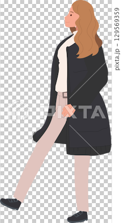 fashionable woman walking in cold weather warm clothing puffer coat urban lifestyle autumn and winter outfit illustration 129569359