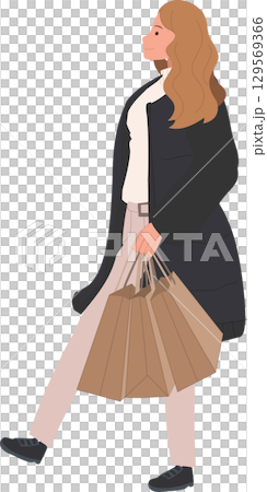 fashionable woman walking with shopping bags winter outfit casual style 129569366