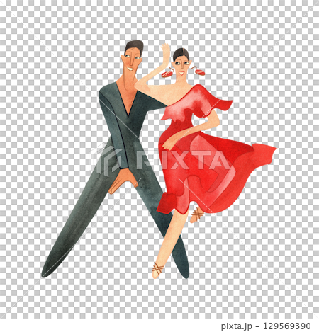 ProAm couple dancing jive joyfully at the show. Adult dancing as a hobby. Woman in red dress. Isolated watercolor illustration for advertising a dance studio or a diploma at a competition. 129569390