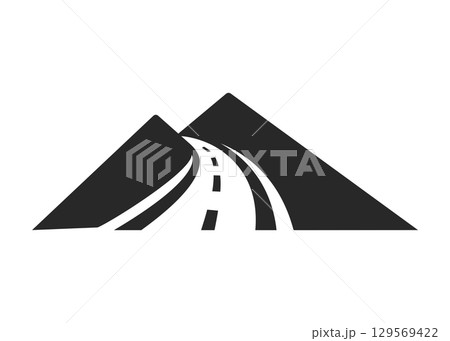 Black mountain peaks with a winding road, simple graphic on white. 129569422