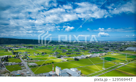 夏の黒部川扇状地の黒部川や北陸新幹線高架橋や北陸自動車道や一般道路などの様子 夏の黒部川扇状地の黒部川や北陸新幹線高架橋や北陸自動車道や一般道路などの様子 129569447