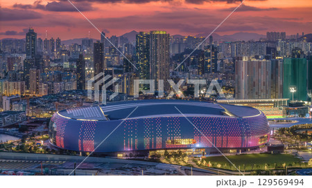 Aug 10 2025 Kai Tak Stadium bathed in twilight glow 129569494