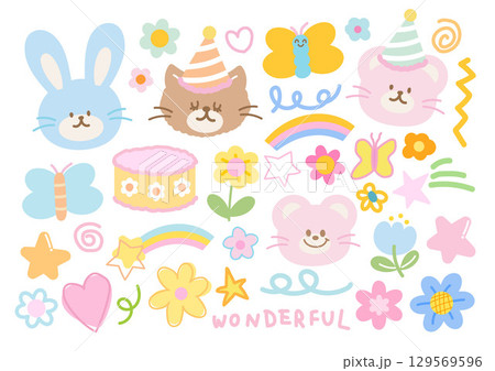 Cute vector illustration of teddy bear, cat, bunny, butterfly, cake, party hat, flowers, clover leaf for animals, cartoon character, cute patches, kid doll, plush toy, sweet dessert, comic, brooch Cute vector illustration of teddy bear, cat, bunny, butterfly, cake, party hat, flowers, clover leaf for animals, cartoon character, cute patches, kid doll, plush toy, sweet dessert, comic, brooch 129569596