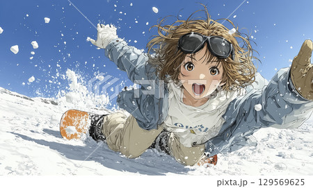 爽快にパウダースノーを滑走する女性スノーボーダーのイラスト 129569625