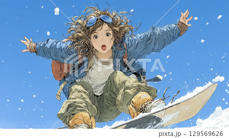美優シリーズ：爽快にパウダースノーを滑走する女性スノーボーダーのイラスト 129569626