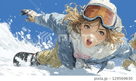爽快にパウダースノーを滑走する女性スノーボーダーのイラスト 129569630