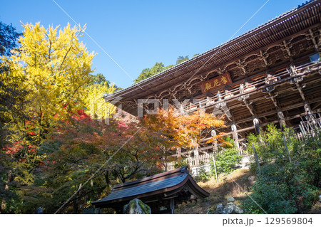 Maniden Hall, Historic building surrounded by vibrant autumn foliage at Engyoji mountain Shosha, Himeji, Japan 129569804