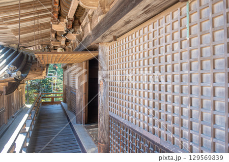 Daikodo, Traditional wooden structure with patterned walls at Engyoji mountain Shosha, Himeji, Japan Daikodo, Traditional wooden structure with patterned walls at Engyoji mountain Shosha, Himeji, Japan 129569839