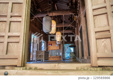 Kaizando, Traditional interior view through wooden doors at Engyoji mountain Shosha, Himeji, Japan 129569866