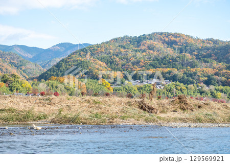 Scenic river with autumn foliage and hills. at Hozugawa River 129569921