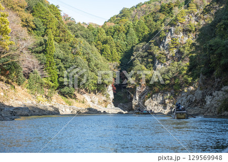 Scenic view of a river surrounded by greenery at Hozugawa River 129569948