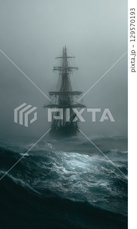 Ghost ship stormy sea misty sailing haunted eerie dramatic ocean waves Ghost ship stormy sea misty sailing haunted eerie dramatic ocean waves 129570193