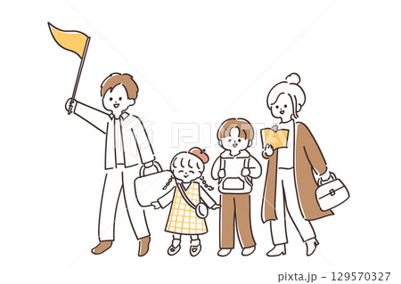 家族でおでかけする旅行シーンのかわいいイラスト 129570327