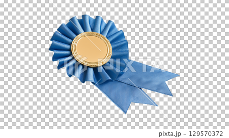 A blue prize ribbon rosette with a blank gold seal symbolizing a first place award and success A blue prize ribbon rosette with a blank gold seal symbolizing a first place award and success 129570372