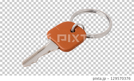 A single house or office key with a brown leather fob, symbolizing security, access, and property 129570376
