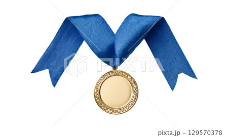 A gold medal with a blue ribbon, a symbol of a first place winner, victory, and success 129570378