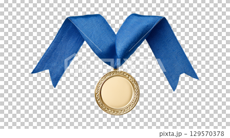 A gold medal with a blue ribbon, a symbol of a first place winner, victory, and success 129570378