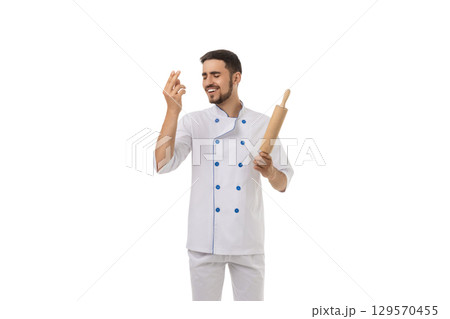 Chef in white uniform with rolling pin, isolated on white, PNG Chef in white uniform with rolling pin, isolated on white, PNG 129570455
