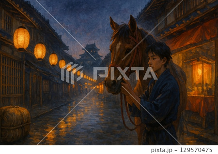 灯りに照らされた夜の城下町と馬 灯りに照らされた夜の城下町と馬 129570475