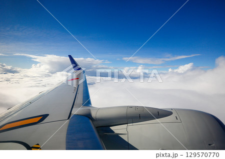飛行機の翼とどこまでも続く雲海 129570770