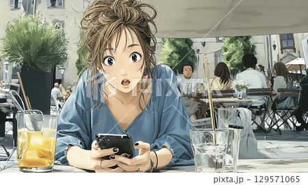 美優シリーズ：AI翻訳アプリで外国人と会話する女性 129571065