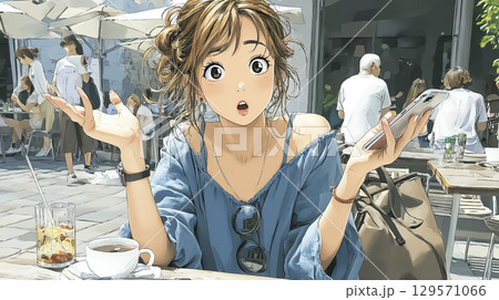 美優シリーズ：AI翻訳アプリで外国人と会話する女性 129571066