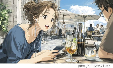 美優シリーズ：AI翻訳アプリで外国人と会話する女性 129571067