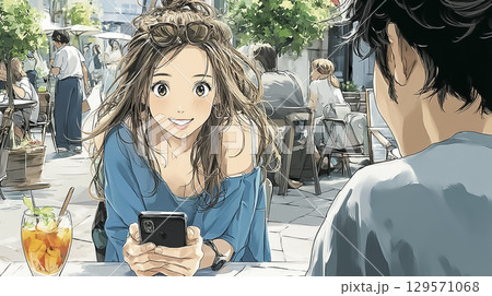 美優シリーズ：AI翻訳アプリで外国人と会話する女性 129571068
