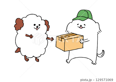 荷物の受け渡しをする犬たち 129571069