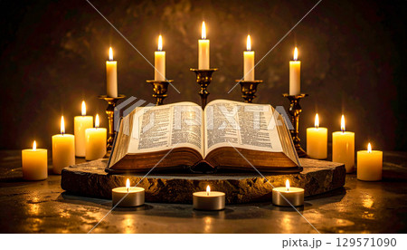 Ancient Holy Bible resting open on a stone altar, surrounded by glowing candles in brass holders, warm dim lighting creating a sacred, historic, and spiritual atmosphere of devotion 129571090