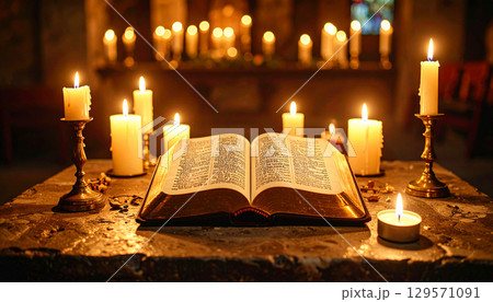 Ancient Holy Bible resting open on a stone altar, surrounded by glowing candles in brass holders, warm dim lighting creating a sacred, historic, and spiritual atmosphere of devotion 129571091