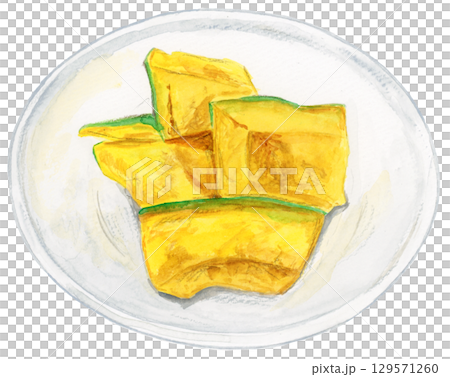 Hand-drawn watercolor illustration of boiled pumpkin served in a white dish. Winter solstice/winter dining material. 129571260