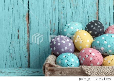 Easter eggs put on wooden in blue wood wall. 129571569