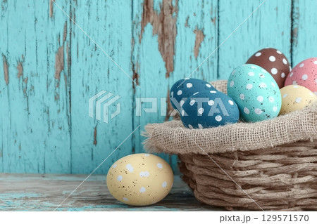 Easter eggs put on wooden in blue wood wall. Easter eggs put on wooden in blue wood wall. 129571570