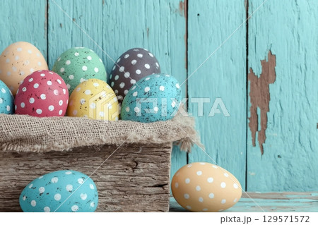 Easter eggs put on wooden in blue wood wall. 129571572