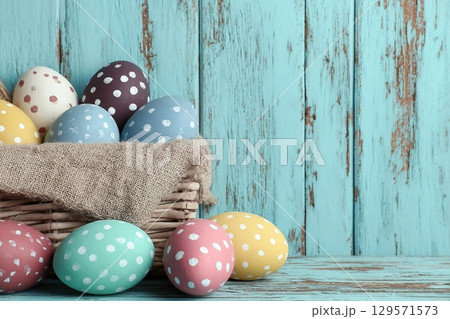 Easter eggs put on wooden in blue wood wall. 129571573