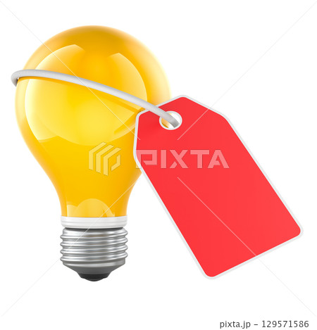 Light bulb with price tag. Cost of idea, concept. 3D rendering Light bulb with price tag. Cost of idea, concept. 3D rendering 129571586